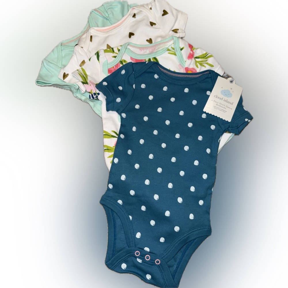 Cloud Island set of 4 short sleeve Polk a dot floral hearts onesies